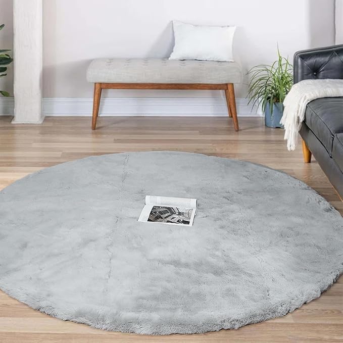 Latepis Grey Shag Rugs 5ft Round Rug Washable Faux Rabbit Fur Rug Fluffy Fuzzy Soft Circle Rugs for Living Room Bedroom Nursery Boho Teen Room Decor
