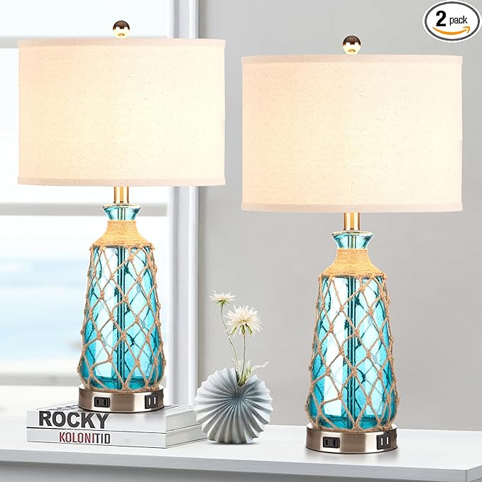 25.5" Coastal Glass Table Lamps Set of 2, 3-Way Dimmable Touch Control Bedside Lamps with 2 USB Ports and AC Outlet, Blue Nautical Nightstand Lamps for Bedroom Living Room (LED Bulbs Included)