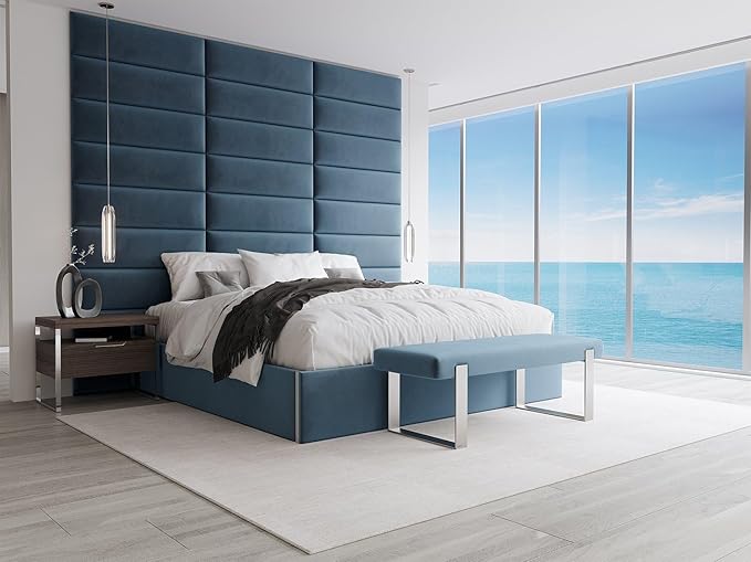VANT Upholstered Bed Bench - Velvet Peacock Blue- Matte Black - Contemporary Modern, Bedroom Bench Seat, Hallway, or Entryway