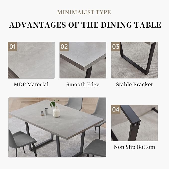 5 Piece Dining Table Set, 42.9 Inch Modern Kitchen Dining Table and Leather Dining Chairs for Kitchen Dining Room (Table + 4 Grey Chairs)