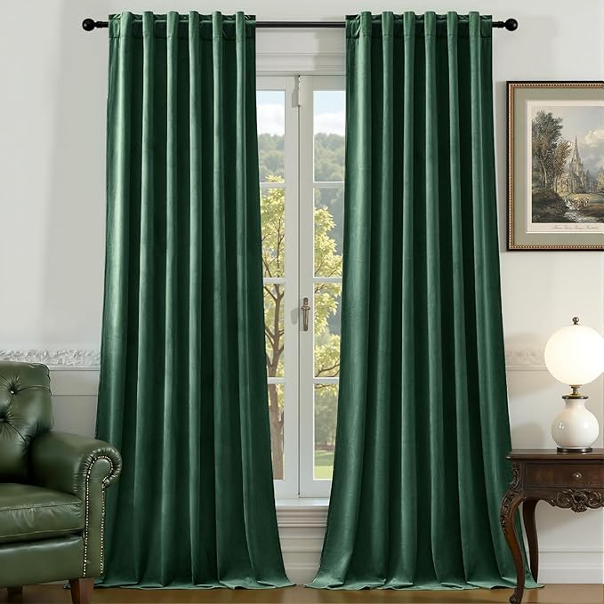 Velvet Curtains 102 Inches Long for Bedroom, Super Soft Room Darkening Thermal Insulated Curtains Luxury Window Drapes for Living Room Nursery, Back Tab Rod Pocket, Dark Green, W52 x L102, 2 Panels