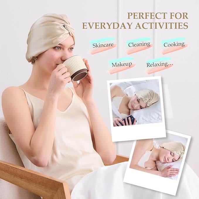 Silk Bonnet for Sleeping Women, 100% Mulberry Silk Sleep Cap with Elastic Band, Real Mulberry on Both Sides, Champagne
