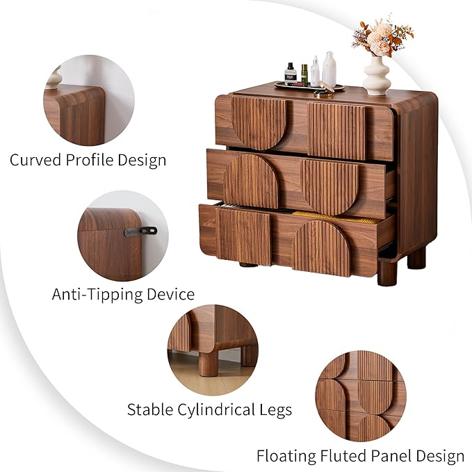 3 Drawer Dressers for Bedroom, 31.5" Wide Large Mid Century Modern Fluted Nightstand, Wood Dresser & Chest of Drawers with Curved Profile for Living Room, Entryway, Hallway, Walnut