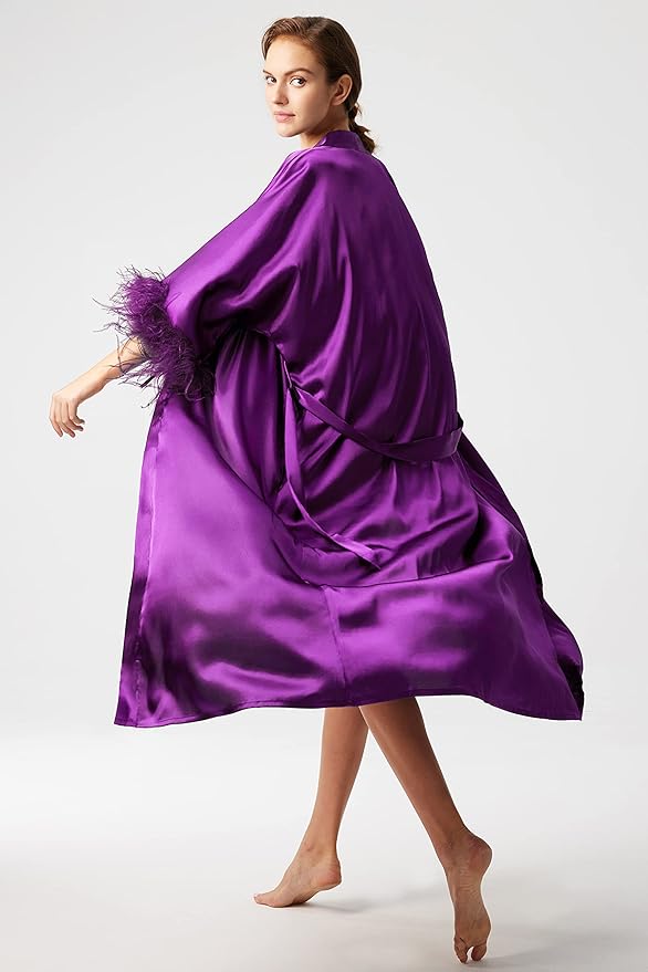 PRODESIGN Satin Kimono Robe Long Silky Bathrobe with Ostrich Feather Trim Sleepwear Wedding Bridesmaid Dressing Gown