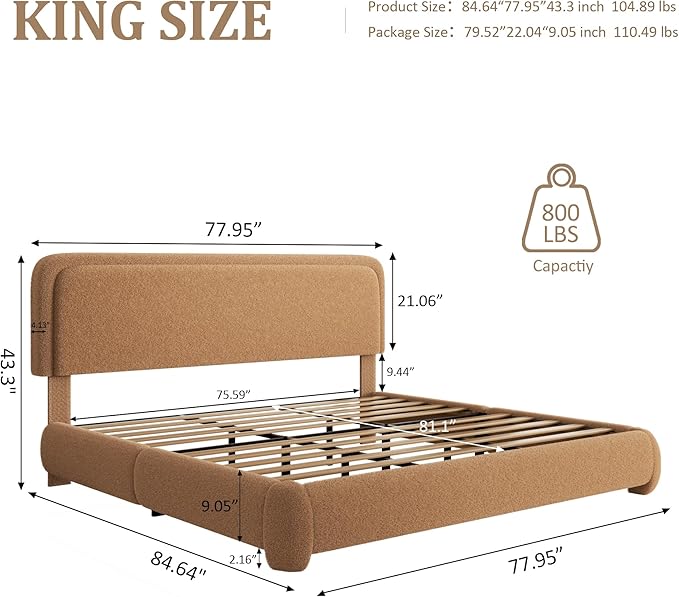 King Size Boucle Platform Bed Frame, Upholstered Cloud with Adjustable Headboard, Anti-Collision Soft Rounded Corners, No Box Spring Required, Easy Assembly, Noise Free