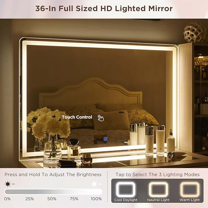 T4TREAM Fluted Makeup Vanity Desk with 36" HD Lighted Mirror, 48" Big Modern Vanity Desk with Mirror and Lights, Dressing Table with 5 Drawers & Shelves, Glass Top for Bedroom (Alder White)