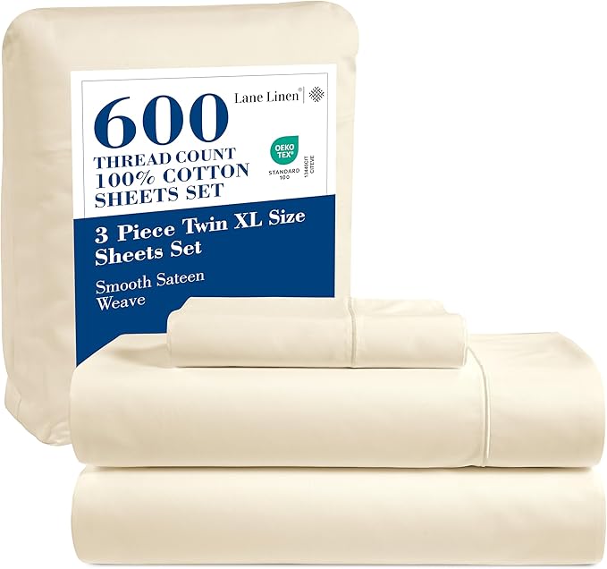 LANE LINEN 600 Thread Count Twin XL Sheets Set - 100% Cotton Bed Sheets Set Twin XL Size - Fully Elasticized Machine wash Sheets Set Twin XL Size, Deep Pocket Bedding Sheets & Pillowcases Set - Ivory