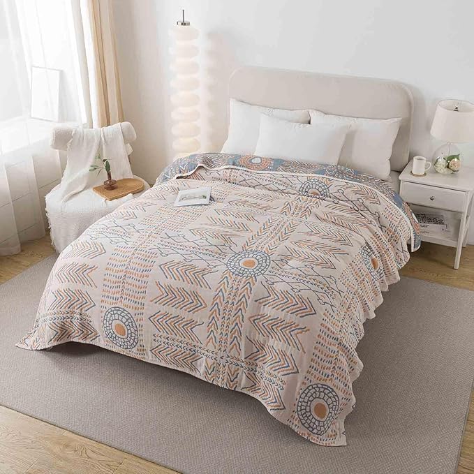 Qidordour Boho Throw Blanket, 80"x90" Muslin Blankets, 100% Organic Cotton Blanket for Couch Sofa, Lightweight Quilt, All Season Bed Throw, Farmhouse Home Decor, D-Indian Arrowhead