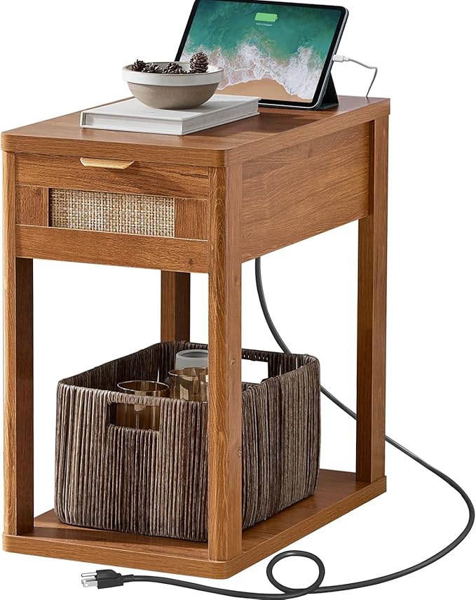 LEYAOYAO Narrow Side Table with Charging Station, 24x14''Rattan Night Stand with Drawer Storage, Brown Bedside End Table with Metel Handle for Small Spaces Wood Boho Nightstand for Living Room Bedroom