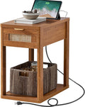 LEYAOYAO Narrow Side Table with Charging Station, 24x14''Rattan Night Stand with Drawer Storage, Brown Bedside End Table with Metel Handle for Small Spaces Wood Boho Nightstand for Living Room Bedroom