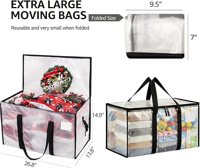 Moving Bags Heavy Duty Extra Large, Alternative for Moving Boxes & Moving Supplies,Clear Storage Bins with Lids, Plastic Packing Tote, Storage Bags for Clothes with Handles & Zippers(Clear, 6 Pack)
