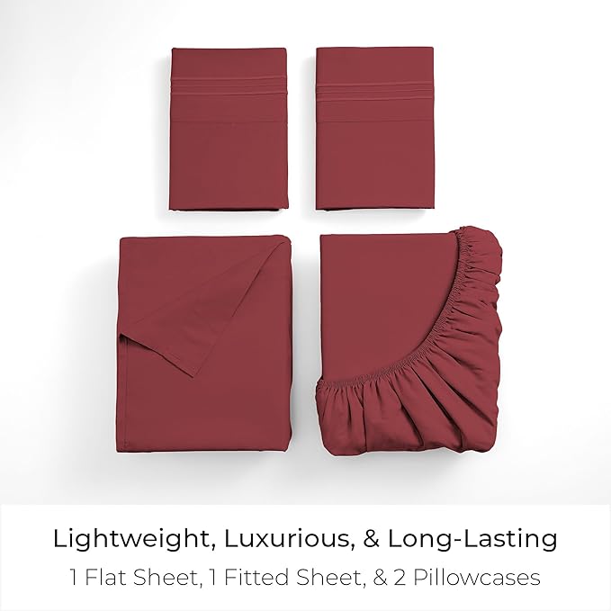 Mellanni Twin Sheet Set - 4-Piece Iconic Collection Bedding, (Including 2 Pillowcases), 16-Inch Deep Pocket, Easy Care, Extra Soft, Cooling Sheets, Brushed Microfiber - Brick Red