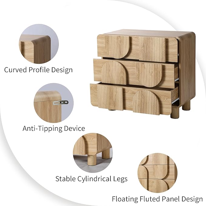 3 Drawer Dressers for Bedroom, 31.5" Wide Large Mid Century Modern Fluted Nightstand 2 Sets, Wood Dresser & Chest of Drawers with Curved Profile for Living Room, Entryway, Hallway Natural