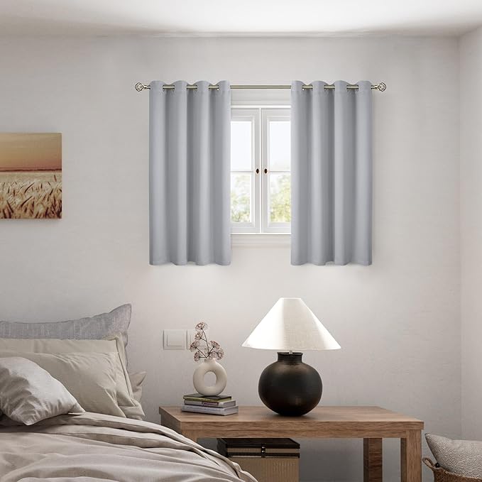 BGment Short 100% Blackout Curtains for Bedroom, Thermal Insulated Energy Efficiency Noise Reducing Grommet Curtains 45 Inch Length with Liner for Small Window 2 Panels Each 52 Inch Wide, Light Grey