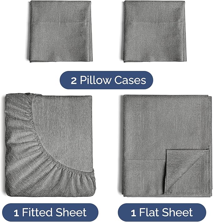 Twin 4 Piece Sheet Set - Cooling & Breathable - Hotel Luxury Bedding, Includes Fitted Sheet for Women, Men, Kids and Teens - 1 Flat, 1 Fitted Sheet, 2 Pillowcases with Deep Pockets - Heathered Grey