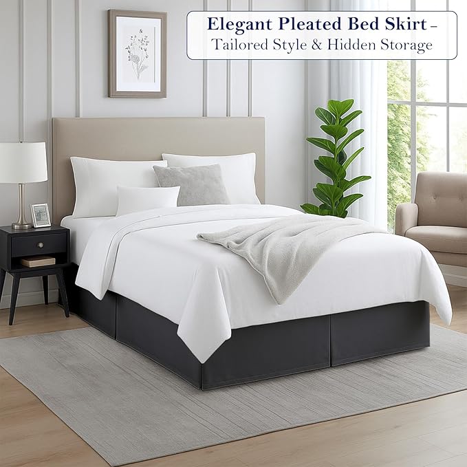 Queen Bed Skirt, Luxury 14 Inch Drop Dark Grey Pleated Bed Skirt, Double Brushed Microfiber, Box Pleat Design, Wrinkle & Fade Resistant, Easy Fit Tailored Bedskirt for Queen Size Beds