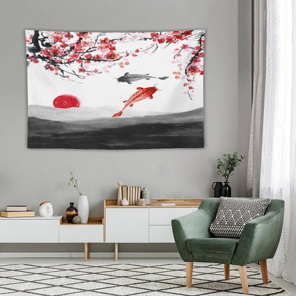 Houselerax Japanese Koi Fish Tapestries, Cherry Blossoms Asian Oriental Flower Branch Koi Fish Carp Tapestry Wall Hanging for Bedroom Living Room Office Decor 90"x60"
