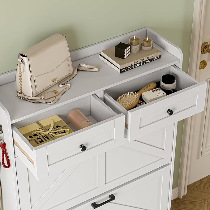 Shoe Storage Cabinet for Entryway, Farmhouse Narrow Shoe Cabinet with 3 Flip Drawers & 2 Top Drawers, Adjustable Shelves & Hooks, Freestanding Hidden Rack Organizer for Hallway, Foyer