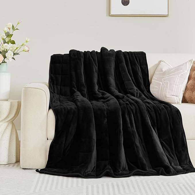 Sherpa Fleece Adult Weighted Blanket, 15 Pounds Dual Sided Soft Plush Blanket for Couch Bed Sofa, Heavy Thick Blankets with Glass Beads Great for Sleep, 48 x 72 inches, Black on Both Sides