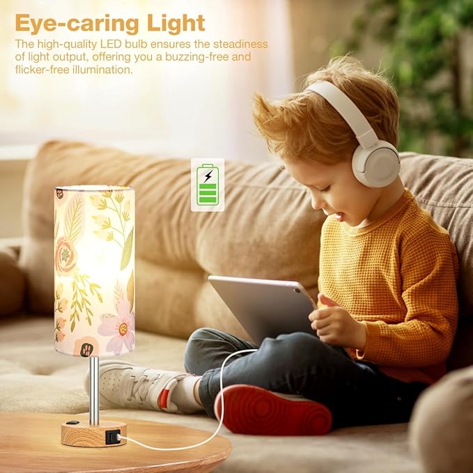 Fenmzee Floral Touch Lamp for Bedroom- 3 Way Dimmable Bedside Lamp USB C A Charging Ports and AC Outlet, Small Table Lamp Floral Linen Lampshade for Gift, LED Bulb Included