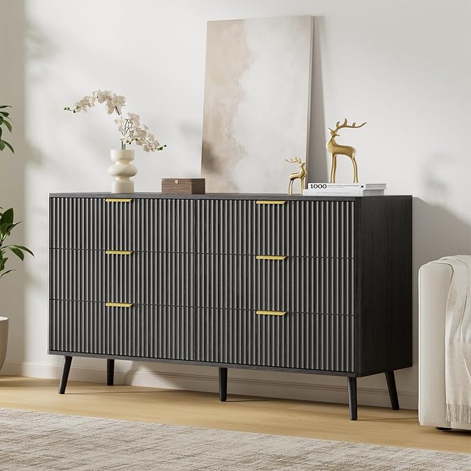 LYNSOM Fluted Dresser and Nightstand Sets 3 Piece, 6-Drawers Dresser and 1-Drawer Nightstands Set of 2, Wood Bedroom Furniture Set for Home, Bedroom, Hallway, Black