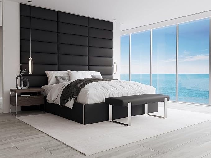 VANT Upholstered Bed Bench - Vintage Leather Jet Black - Matte Black - Contemporary Modern, Bedroom Bench Seat, Hallway, or Entryway