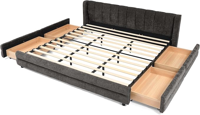 DEINPPA King Size Bed Frame with 4 Storage Drawers and Cloud Soft Headboard, Chenille Upholstered Grounded Wood Base Bed Frame, No Box Spring Needed-Dark Grey