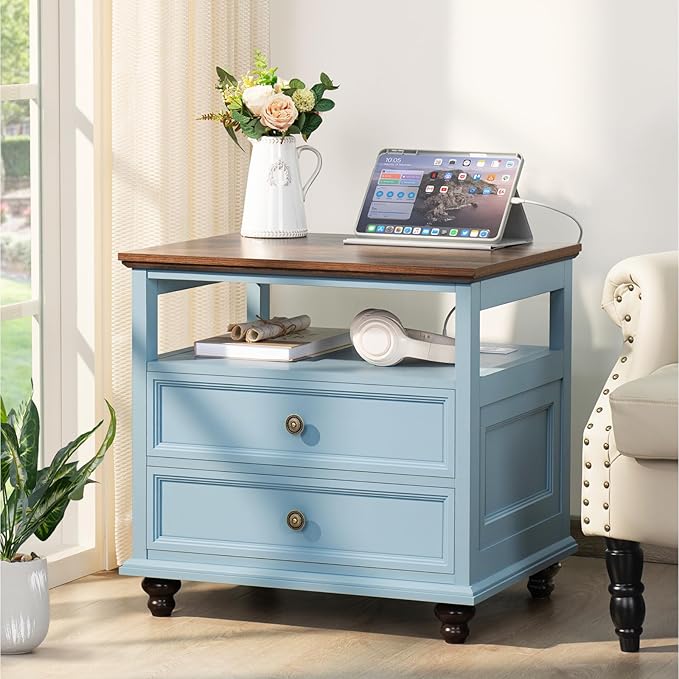 Farmhouse Nightstand Set of 2 with Charging Station, 24" Wide End Table with 2 Drawers, Dresser Cabinet for Bedroom,Bed Side Table Chest of Drawers,Light Blue Night Stand for Living Room
