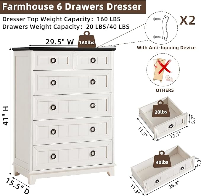 Farmhouse 6 Drawer Dresser for Bedroom Set of 2, 41" Tall Small Dressers & Chest of Drawers, Rustic Wood Dresser with Metal Handle, Storage Organizer Closet for Living Room, Hallway, Entryway