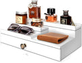 EOSAHR Modern Wooden Cologne Organizer for Room Decor - 3 Tier Cologne Holder with Storage Drawer and Hidden Compartment - Perfume Organizer for Dresser (White)