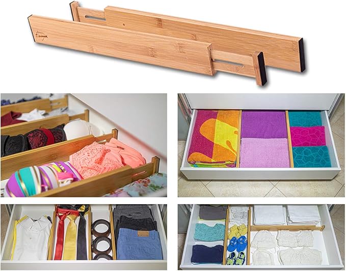 Adjustable Bamboo Drawer Dividers Organizers Expandable (12-16") Kitchen Drawer Organizer Spring Loaded for Kitchen, Dresser, Bathroom, Bedroom, Desk 6-pack Small