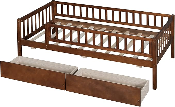 Bellemave Twin Bed Frames with Rails for Kids, Twin daybed Frame with Drawers for Boys/Girls/Adults， Walnut