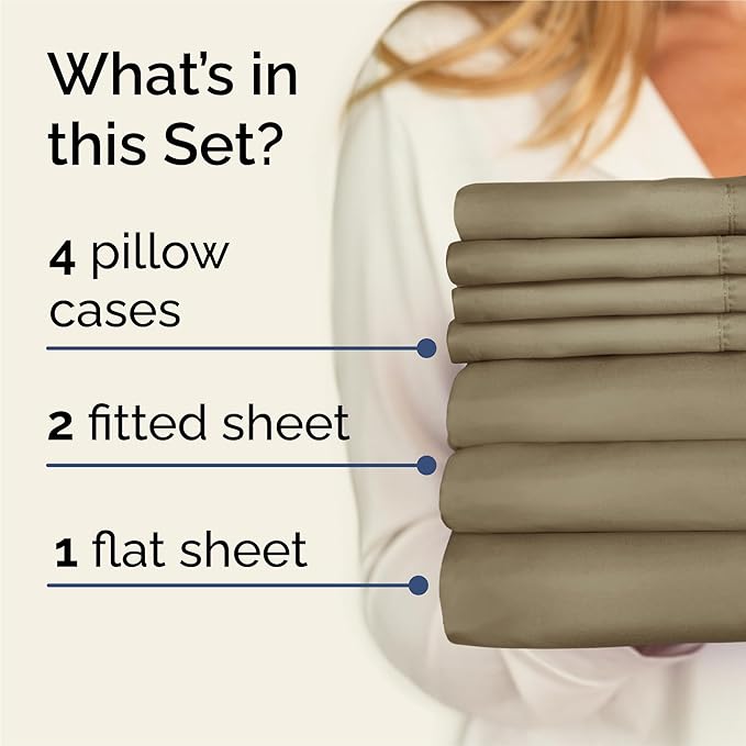 Split King 7 Piece Sheet Set - Cooling & Breathable - Hotel Luxury Bedding - Includes Fitted Sheets for Women, Men, Kids and Teens - 1 Flat, 2 Fitted Sheets, 4 Pillowcases with Deep Pockets - Khaki
