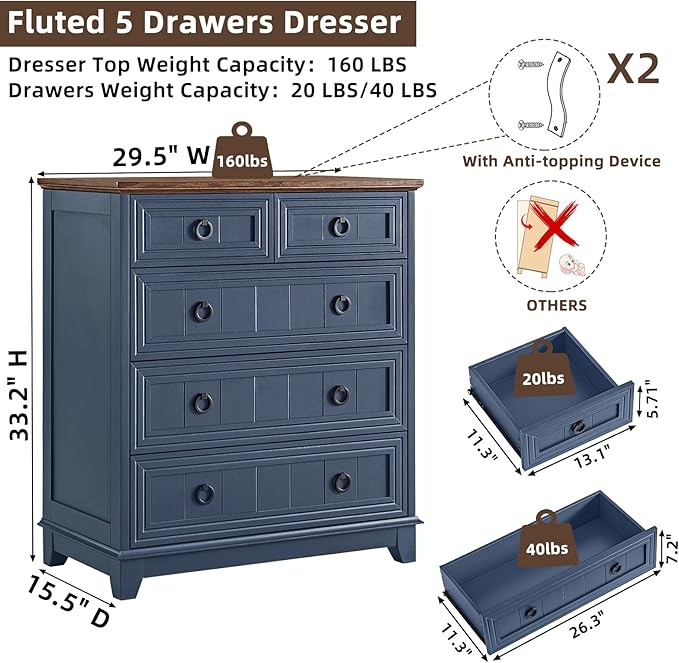 Farmhouse 5 Drawer Dresser for Bedroom, 33.2" Tall Small Dressers & Chest of Drawers, Rustic Wood Dresser with Metal Handle, Storage Organizer Closet for Living Room, Hallway, Entryway