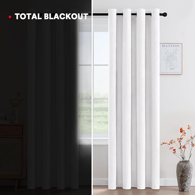 PrinceDeco 100% Blackout Curtains Nature Linen Blended 84 Inch Long Room Darkening Solid Black Out Curtains for Living Room Thermal Insulated Nickel Grommet 2 Panels Set - Heathered White