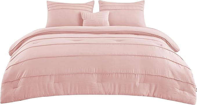 Bedsure Twin Comforter Set - 3 Pieces Pinch Pleat Bed Set, Light Pink Boho Bedding for All Season, 1 Soft Comforter, 1 Pillowcase, 1 Decorative Pillow