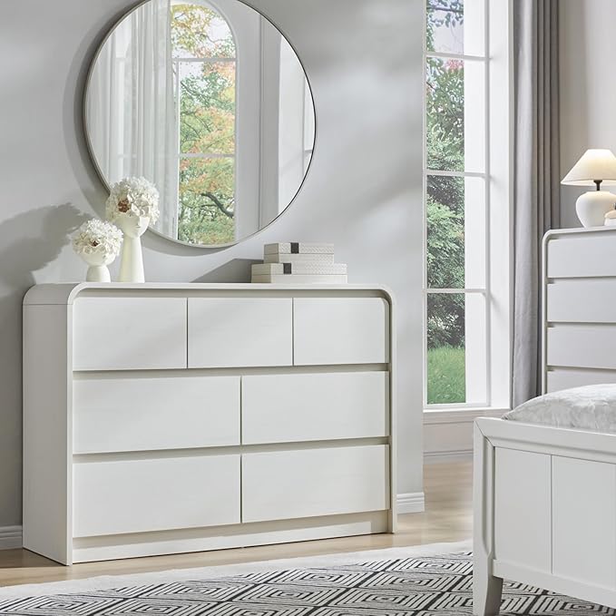 Modern 7 Drawers Dresser for Bedroom, 47" Wide Wood Dressers & Chests of Drawers w/Curved Profile Design, Mid Century Modern Dresser w/Natural Texture for Bedroom, Living Room,Antique White