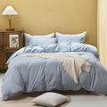 FOSSA Duvet Cover Set 100% Washed Cotton Linen Feel Super Soft Breathable Cozy 3 Pieces Bedding Sets Solid Cornflower Blue Super Queen