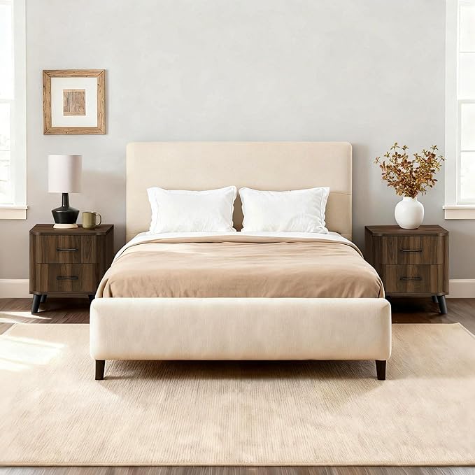 LuxenHome Mid Century Modern Nightstand, 20" Walnut Night Stand with Curved Edge, Dark Brown Nightstand with Drawers, Boho Bed Side Tables Bedroom, Storage Side Table, End Tables Living Room, 1PC
