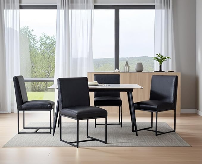 CIMOTA Black Leather Dining Chairs Set of 2, Upholstered Dining Room Chairs Armless Guest Side Chair with Black Base for Dining Room/Kitchen, 2PCS
