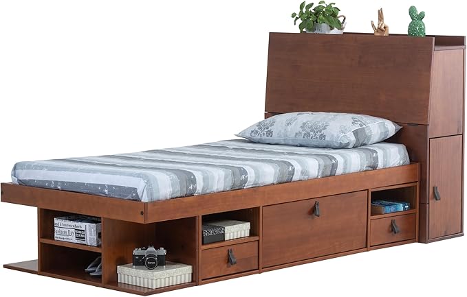 memomad Bali Set: Storage Platform Bed with Drawers + Bookcase Headboard (Twin Size, Caramel Brown Wood)