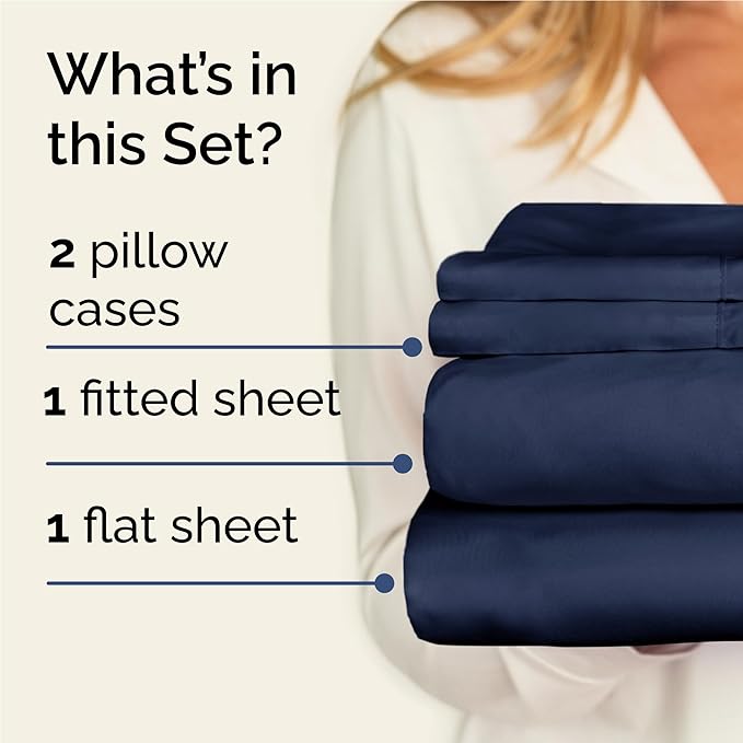 Twin XL 4 Piece Sheet Set - Cooling, Comfy & Breathable - Hotel Luxury Bedding, Includes Fitted Sheet for Women, Men, Kids & Teens - 1 Flat, 1 Fitted Sheet, 2 Pillowcases w/Deep Pockets - Navy Blue