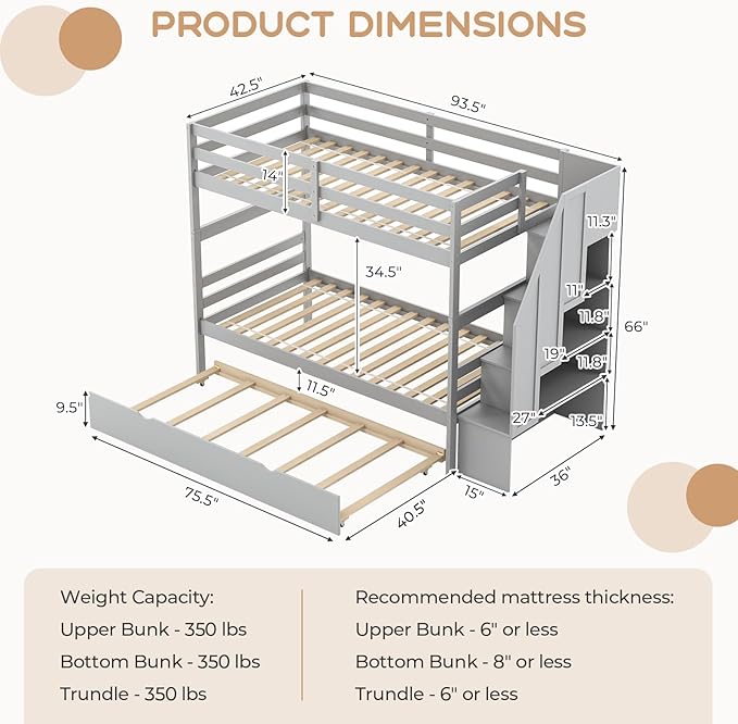 KOTEK Twin Over Twin Bunk Bed with Trundle and Stairs, Solid Wood Bunk Bed Frame with Storage Shelf, Bunk Beds Detachable into 2 Platform Beds for Kids Teens Adults (Grey)
