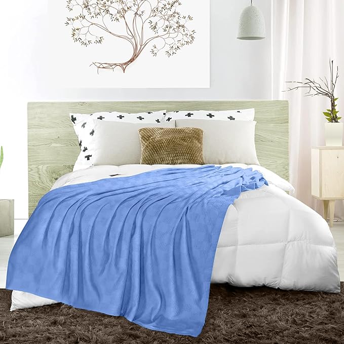 Avalon Bedding 100% Cotton Blankets Queen Size Thermal Blanket (90"x90") - Perfect Cotton Blanket Queen Size for Layering Bed in Any Season - Cotton Blankets for Bed (Blue)