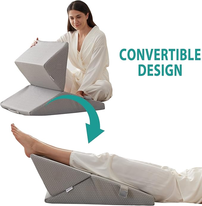 Bedluxe Wedge Pillow for Sleeping, Adjustable 9&12 Inch Foldable Bed Wedge Pillow Set, Orthopedic Memory Foam Triangle Pillows Wedge, 7-in-1 Elevated Pillows for Leg and Back Support, Grey