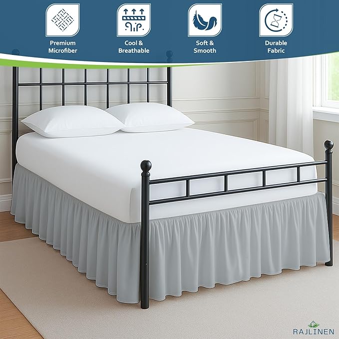 Rajlinen Ruffled Bed Skirt King, 16 Inch Drop Dust Ruffle with Split Corners, 100% Microfiber Bedskirt with Platform, Three-Sided Coverage Ruffled Gathering Design, Light Grey