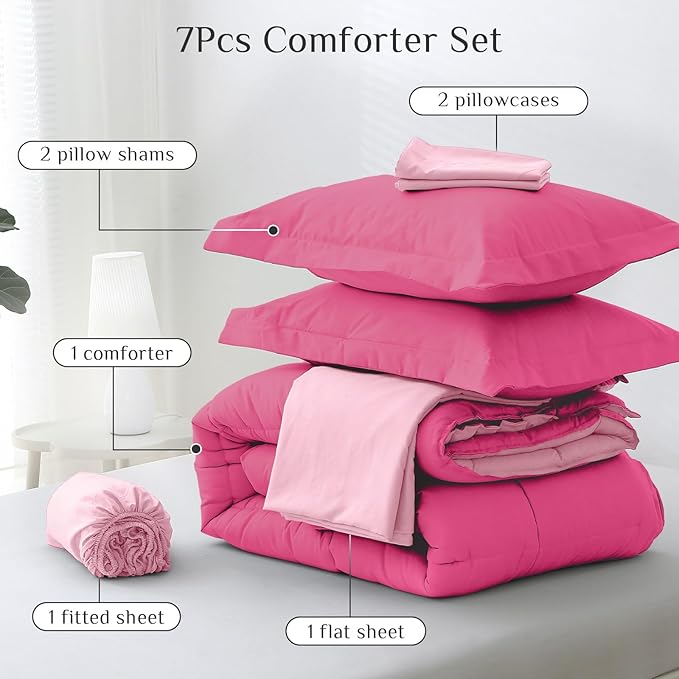 JOLLYVOGUE California King Comforter Set, Ultra-Soft Bed in a Bag 7 Pieces, Oeko-TEX Certified Bedding Set with Down Alternative Comforter, Sheets, Pillowcases & Shams, Hot Pink & Baby Pink