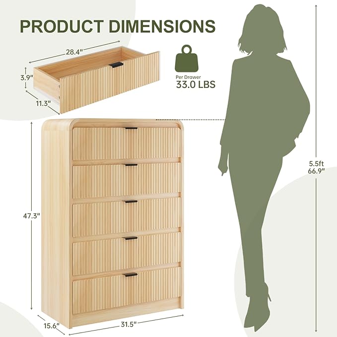 FURSUN Fluted 5 Drawers Dresser for Bedroom, 48" Tall Wooden Modern Dresser with Metal Handle, Curved Profile Design, Storage Organizer for Bedroom, Living Room, Hallway, Natural Oak