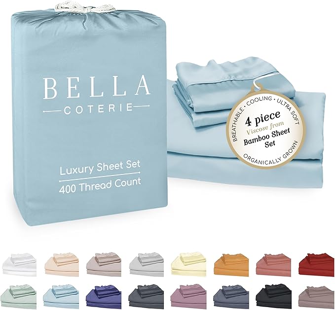 Bella Coterie Luxury Bamboo Viscose Full Size Sheet Set | 100% Organically Grown | Ultra Soft | Cooling for Hot Sleepers | 18" Deep Pocket [Coastal Blue]