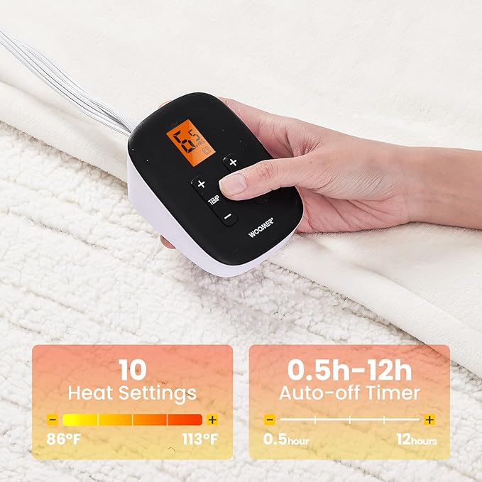 WOOMER Electric Blanket Twin Size,Durable Flannel and Soft Sherpa,Dual Control,62”×84” Heated Throw Blanket, 10 Heat Levels&0.5-12h auto-Off,Energy Efficient,ETL Certified
